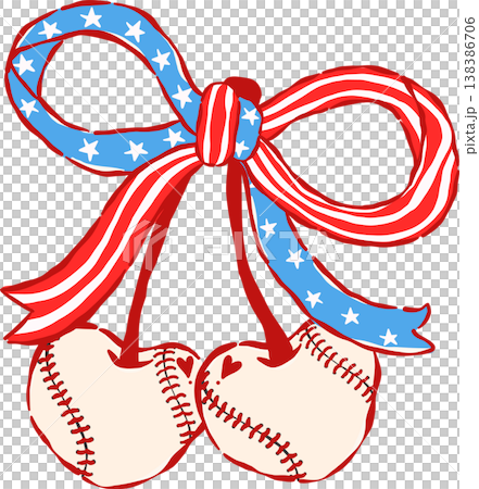 Coquette Baseball Cherry Heart Shaped with Patriotic Bow Whimsical Hand Drawn Coquette Baseball Cherry Heart Shaped with Patriotic Bow Whimsical Hand Drawn 138386706