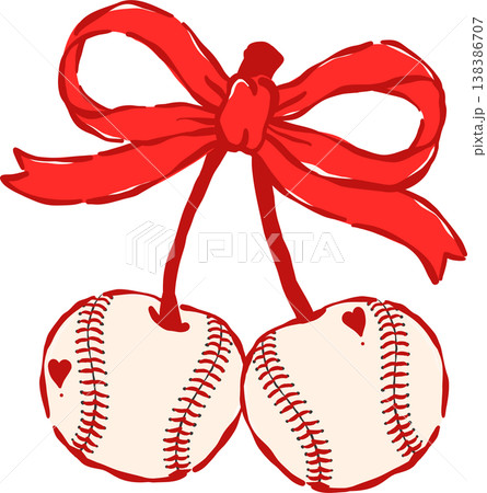 Coquette Baseball Cherry with Red Ribbon Bow Whimsical Hand Drawn Coquette Baseball Cherry with Red Ribbon Bow Whimsical Hand Drawn 138386707