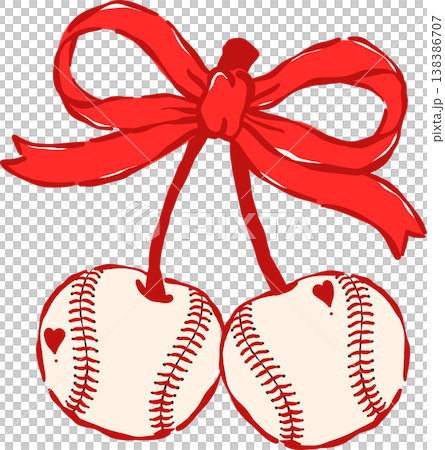 Coquette Baseball Cherry with Red Ribbon Bow Whimsical Hand Drawn Coquette Baseball Cherry with Red Ribbon Bow Whimsical Hand Drawn 138386707