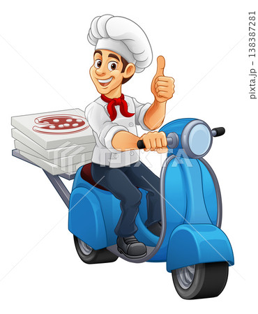 Cartoon Pizza Chef Delivery On Blue Scooter Cartoon Pizza Chef Delivery On Blue Scooter 138387281