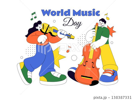 World Music Day Vector Illustration With Guitar And Saxophone Players, Musical Notes, Live Performance Celebration And Creative Sound Design World Music Day Vector Illustration With Guitar And Saxophone Players, Musical Notes, Live Performance Celebration And Creative Sound Design 138387331