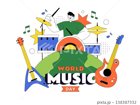 World Music Day Vector Illustration With Guitar And Saxophone Players, Musical Notes, Live Performance Celebration And Creative Sound Design World Music Day Vector Illustration With Guitar And Saxophone Players, Musical Notes, Live Performance Celebration And Creative Sound Design 138387332