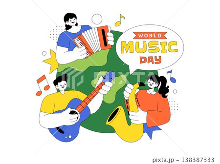 World Music Day Vector Illustration With Guitar And Saxophone Players, Musical Notes, Live Performance Celebration And Creative Sound Design 138387333