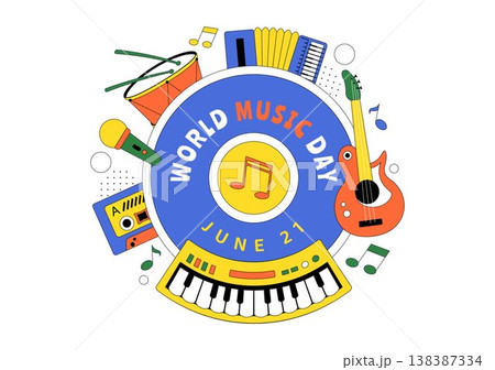 World Music Day Vector Illustration With Guitar And Saxophone Players, Musical Notes, Live Performance Celebration And Creative Sound Design World Music Day Vector Illustration With Guitar And Saxophone Players, Musical Notes, Live Performance Celebration And Creative Sound Design 138387334