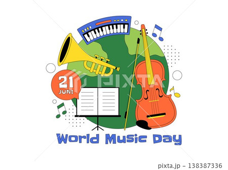 World Music Day Vector Illustration With Guitar And Saxophone Players, Musical Notes, Live Performance Celebration And Creative Sound Design 138387336