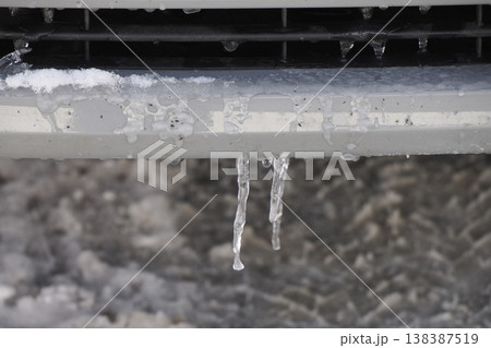 icicles on a car detail in falzarego pass dolomites winter season 138387519