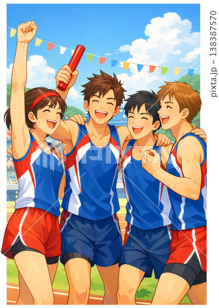 リレー優勝を喜ぶチームメンバーのイラスト リレー優勝を喜ぶチームメンバーのイラスト 138387570