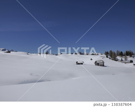 wooden hut covered by snow in armentarola pralongi? dolomites mountains 138387604
