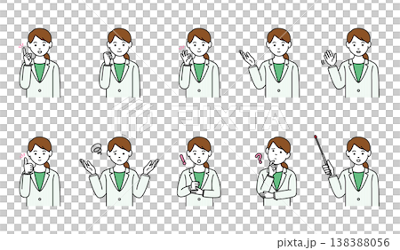 A set of poses and facial expressions for female business professionals [smiling, guiding, explaining, asking a question] 138388056