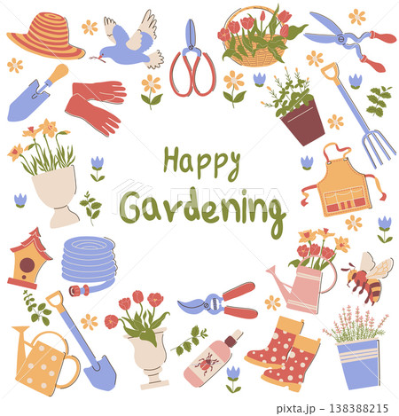 Happy Gardening Card. Floral Frame with Tools 138388215