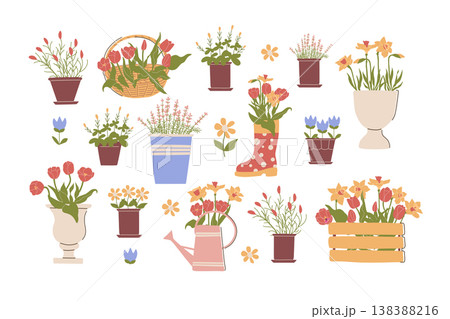 Spring Flowers in Containers Set. Pots Boots Spring Flowers in Containers Set. Pots Boots 138388216