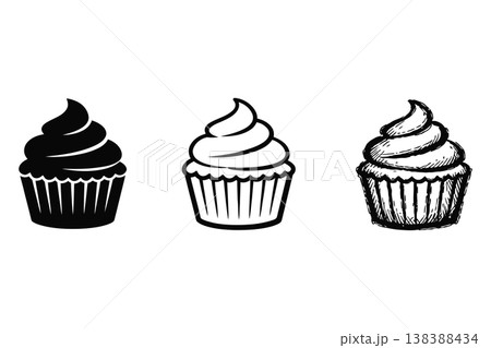 Black and white cupcake icons in various artistic styles. Black and white cupcake icons in various artistic styles. 138388434