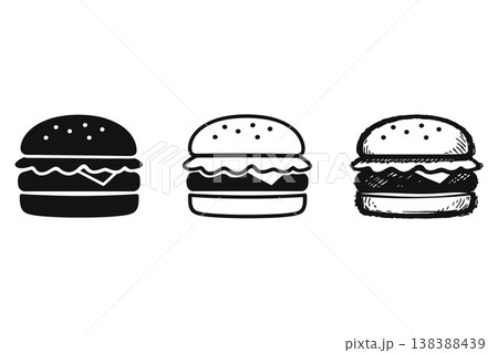 Simple hamburger icon set featuring both outline and solid black versions for digital design. 138388439