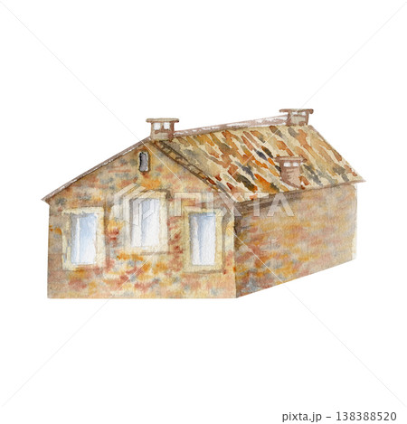 Rustic countryside farmhouse built from rough stone blocks with wooden shutters and aged brick textures. Architectural illustration hand drawn in watercolor for travel guides, rural tourism graphics. 138388520