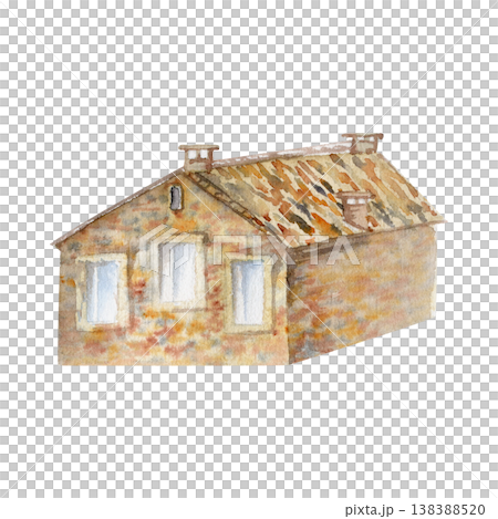Rustic countryside farmhouse built from rough stone blocks with wooden shutters and aged brick textures. Architectural illustration hand drawn in watercolor for travel guides, rural tourism graphics. 138388520