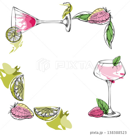 Pink cocktail frame, Strawberry margarita and daiquiri in martini and coupe ink glasses with citrus and berry outlines. Hand drawn vector for party invites, gift wraps, drink kits, culinary graphics. 138388523