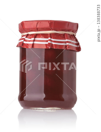Front view of cherry jam jar 138388733