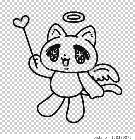 A dreamy, angelic cat holding a heart-shaped pointer (line drawing) 138389073