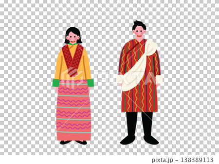 Illustrations of a man and woman wearing traditional Bhutanese ethnic clothing. Illustrations of a man and woman wearing traditional Bhutanese ethnic clothing. 138389113