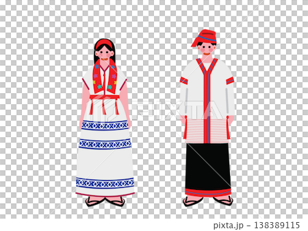 圖中描繪了一位身著緬甸傳統民族服裝的男子和一位女子。 圖中描繪了一位身著緬甸傳統民族服裝的男子和一位女子。 138389115