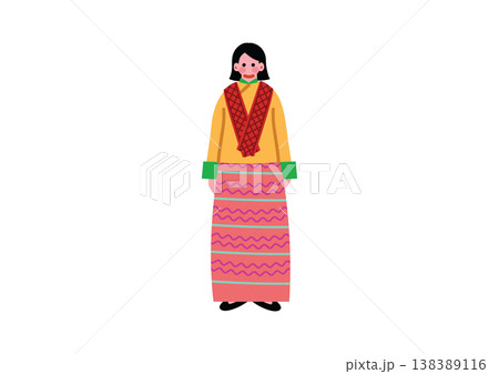 ブータンの伝統的な民族衣装を着た女性のイラスト 138389116