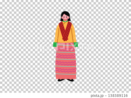 ブータンの伝統的な民族衣装を着た女性のイラスト 138389116