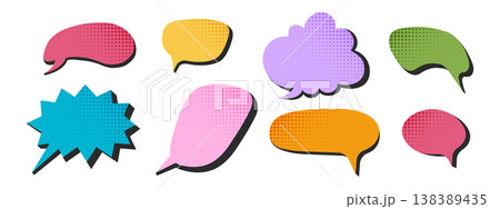 Set of colorful speech clouds with dotted halftone texture. Dialogue balloons, text boxes, quotation balloons, offer tags, thought labels, message stickers in pop art style. Vector illustration Set of colorful speech clouds with dotted halftone texture. Dialogue balloons, text boxes, quotation balloons, offer tags, thought labels, message stickers in pop art style. Vector illustration 138389435