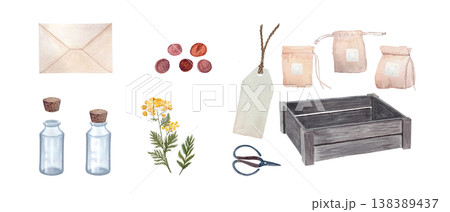 Watercolor packaging set with bottles, pouches, envelope, tag, wax seals, crate, scissors and botanical elements. Hand painted clipart for branding, labels, stationery and herbal product design Watercolor packaging set with bottles, pouches, envelope, tag, wax seals, crate, scissors and botanical elements. Hand painted clipart for branding, labels, stationery and herbal product design 138389437