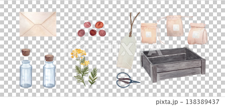 Watercolor packaging set with bottles, pouches, envelope, tag, wax seals, crate, scissors and botanical elements. Hand painted clipart for branding, labels, stationery and herbal product design Watercolor packaging set with bottles, pouches, envelope, tag, wax seals, crate, scissors and botanical elements. Hand painted clipart for branding, labels, stationery and herbal product design 138389437