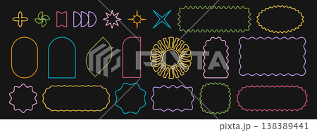Set of neon colored rectangle and square, oval and circle, arch and twinkle icons with wavy borders. Cute curvy geometric forms. Empty text boxes, signboards, tags or labels. Vector illustration 138389441