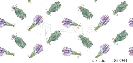 Lavender and sage herb bundle seamless pattern. Hand painted watercolor botanical repeat with tied bouquets for fabric, wrapping paper, stationery, wallpaper and rustic floral design for gift wrap use 138389443