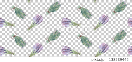 Lavender and sage herb bundle seamless pattern. Hand painted watercolor botanical repeat with tied bouquets for fabric, wrapping paper, stationery, wallpaper and rustic floral design for gift wrap use 138389443