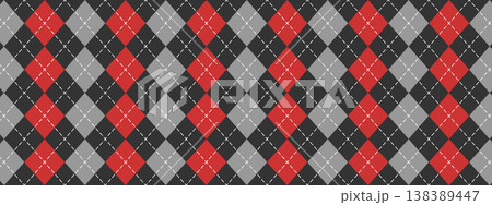 Classic argyle pattern with red, black and grey rhombus shapes for men sweater, socks or plaid. Diamonds print for textile or wrapping paper. Simple geometric background. Vector illustration 138389447