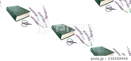 Book, lavender and scissors seamless pattern. Hand painted watercolor botanical repeat background for fabric, wrapping paper, stationery, branding and rustic design for wallpaper and gift wrap design 138389448