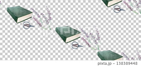 Book, lavender and scissors seamless pattern. Hand painted watercolor botanical repeat background for fabric, wrapping paper, stationery, branding and rustic design for wallpaper and gift wrap design 138389448
