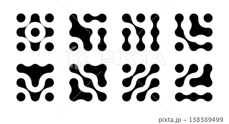 Set of metaball patterns. Black linked fluid drops, flowing dots or round organic shapes isolated on white background. Connected neurons, molecules or cells. Modern print. Vector graphic illustration Set of metaball patterns. Black linked fluid drops, flowing dots or round organic shapes isolated on white background. Connected neurons, molecules or cells. Modern print. Vector graphic illustration 138389499