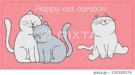 Cat cartoon happy illustration with cute white kitten and gray kitten cuddling together on pink background with smiling charm 138389574