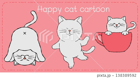 Happy cat cartoon character pink background playful mood, cute feline humor for children illustration Happy cat cartoon character pink background playful mood, cute feline humor for children illustration 138389592