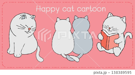Happy cat cartoon illustration with cute kitten reading book on pink background in simple flat style art Happy cat cartoon illustration with cute kitten reading book on pink background in simple flat style art 138389595