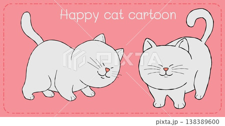 Happy cat cartoon illustration cute feline smile playful pink background minimal drawing 138389600