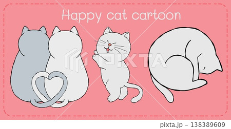 Happy cat cartoon illustration with cute playful kitten on pink background and sweet romantic mood 138389609