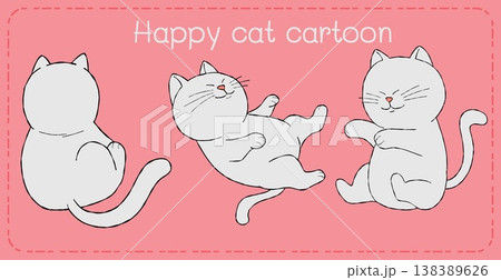 Cat cartoon happy white kitten playful pose pink background cute minimal style 138389626