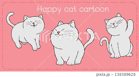 Happy cat cartoon character trio playful pink background illustration 138389628