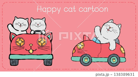 Cat cartoon car illustration cute pink background playful animal character art 138389631