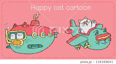 Happy cat cartoon submarine airplane illustration pink background 138389641