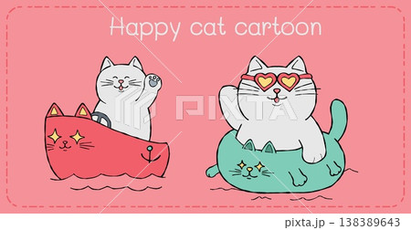 Cat cartoon wave heart sunglasses on cute pink background create playful summer mood 138389643
