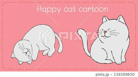 Happy cat cartoon illustration on pink background with cute white kitten and playful pose 138389650