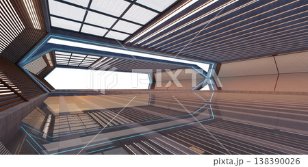 3d rendering futuristic sci-fi hangar bay interior with neon lights 138390026