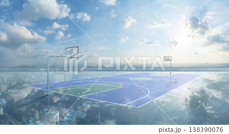 Glass transparent rooftop basketball court overlooking city skyline 138390076