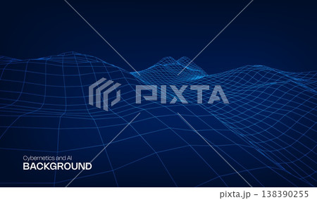 Abstract cyber ai background digital design with wireframe landscape grid line. 3D mountain and futuristic technology topographic big data concept. Abstract cyber ai background digital design with wireframe landscape grid line. 3D mountain and futuristic technology topographic big data concept. 138390255